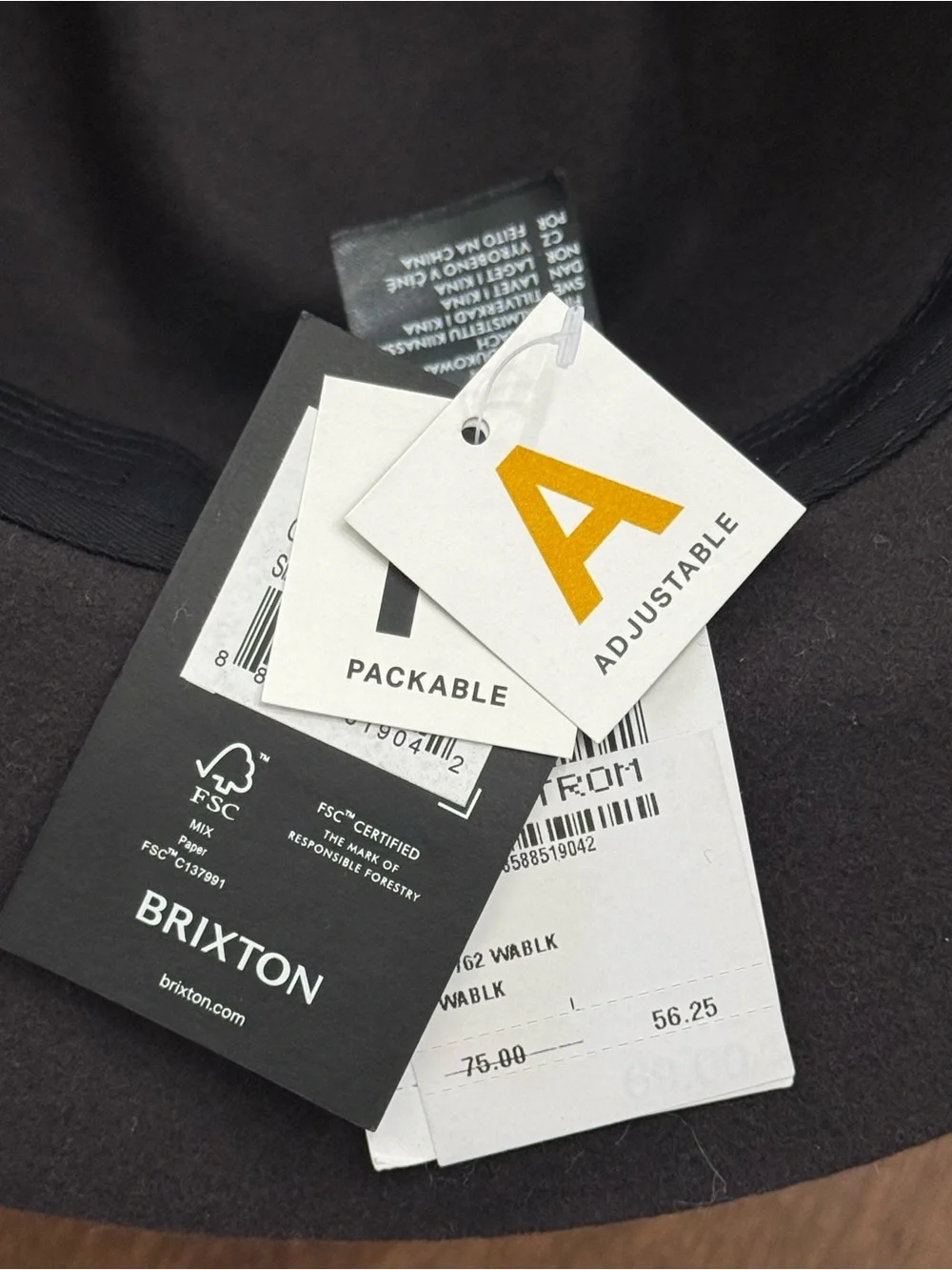 Brixton Wesley Packable Fedora in Washed Black with Black Leather Strap Sz Large
